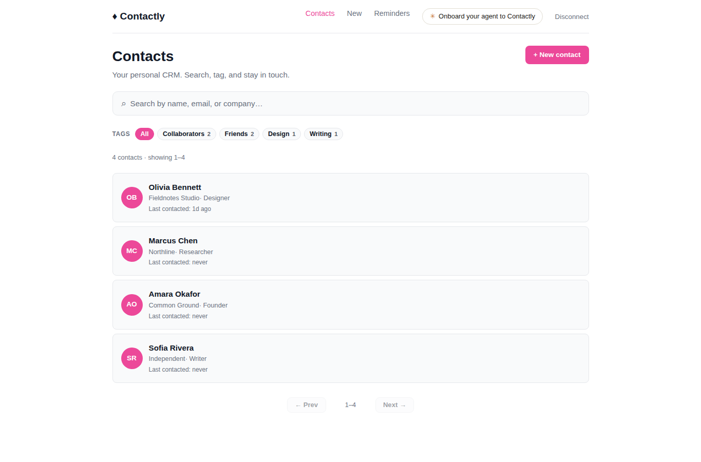 Contactly contacts list with fictional sample contacts and tags