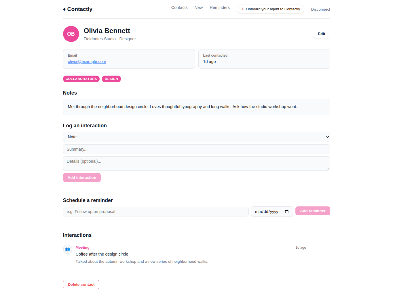 Contactly contact detail with notes, an interaction, and a reminder form